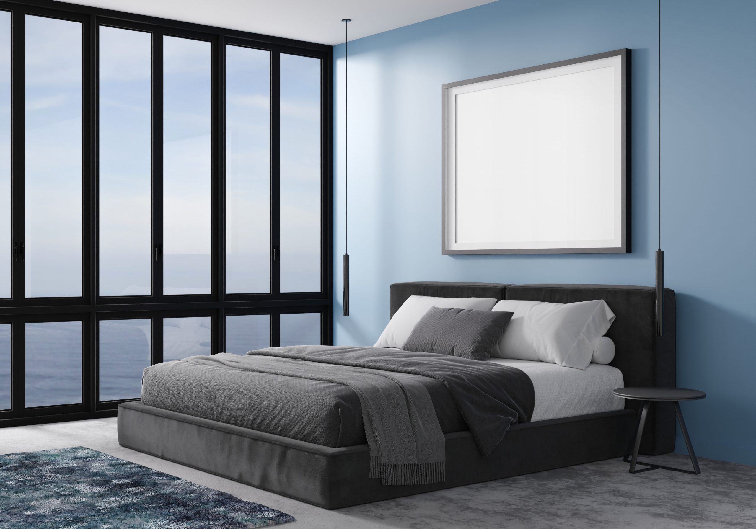 Empty picture frame on blue wall in modern bedroom. Mock up interior in contemporary style. Free, copy space for your picture, poster. Bed, lamps, panoramic window, sea view. 3D rendering